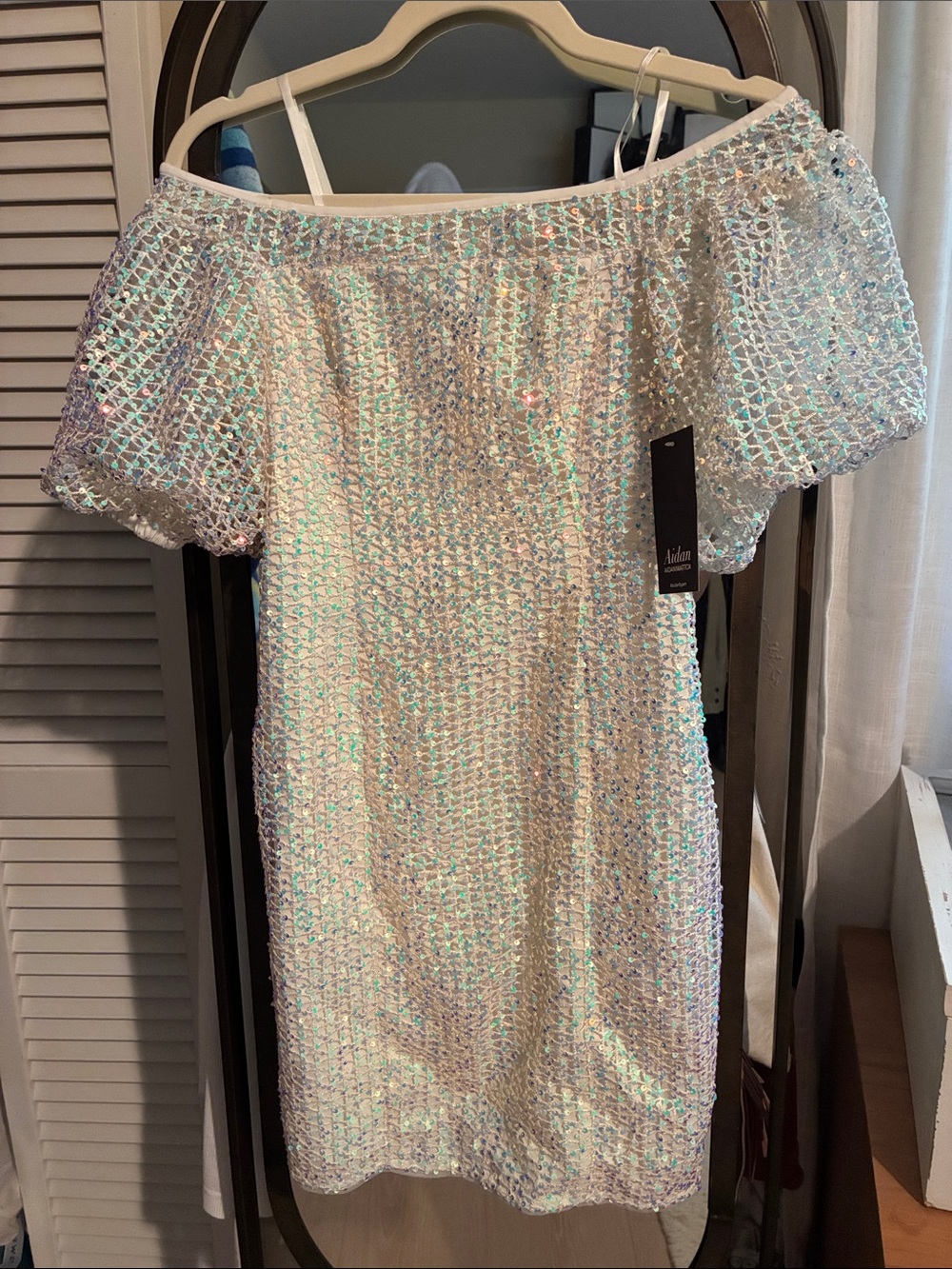 Aidan by Aidan Mattox Iridescent Off-Shoulder Sequin Dress - White